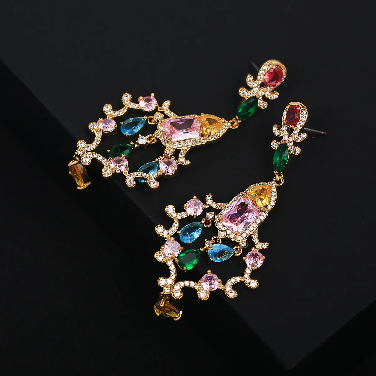 

925 Silver Needle Luxury Vintage Multicolor Gemstone Baroque Drop Earrings, Elegant Bridal Wedding Jewelry Gift for Women
