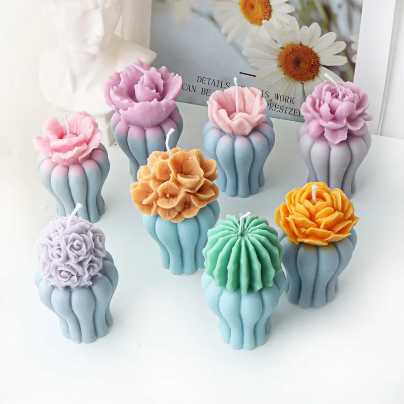 

3D Flowering Cactus Silicone Candle Mold, DIY Succulent Flower Vase Resin Plaster Ornaments, Desert Cactus Bud Potted Ornaments