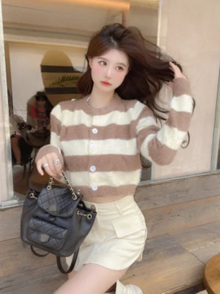 

Soft Plu ort Striped Knitted Open Cardigan Women's Winter New Sle Lazy Sle Fur Simulation Sweater Coat Medium Thi...