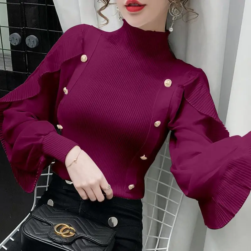 Ruffles Patchwork Pleated Slim Sweaters Spring Autumn New Long Sleeve Solid Vintage Pullovers Tops Fashion Y2K Women Clothing