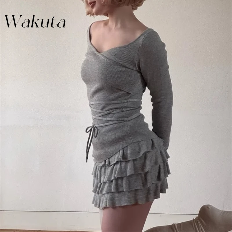 

WAKUTA Japanese Retro Sweet Cross Neck Long Sleeved Lace Up Top Casual Waist Cinching Cake Skirt Y2k Knitted Skirt Two-piece Set