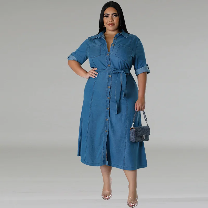 Plus Size Button Elegant Denim Dress Female Solid Jean Vestido Office Lady Robe 2024 Autumn Women Luxury Pretty Fashion Dress