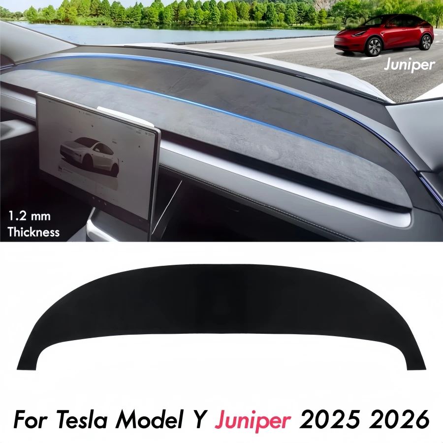 1.2mm Thin Black Sueded Dashboard Cover For Tesla Model Y Juniper 2025 2026 Anti-Glare Anti-Slip Soft Dash Cover Mat