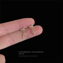 Korean Sweet Micro-set Zircon Mini Bow Stud Earrings Simple Exquisite Copper Plated 14K Gold Jewelry for Women