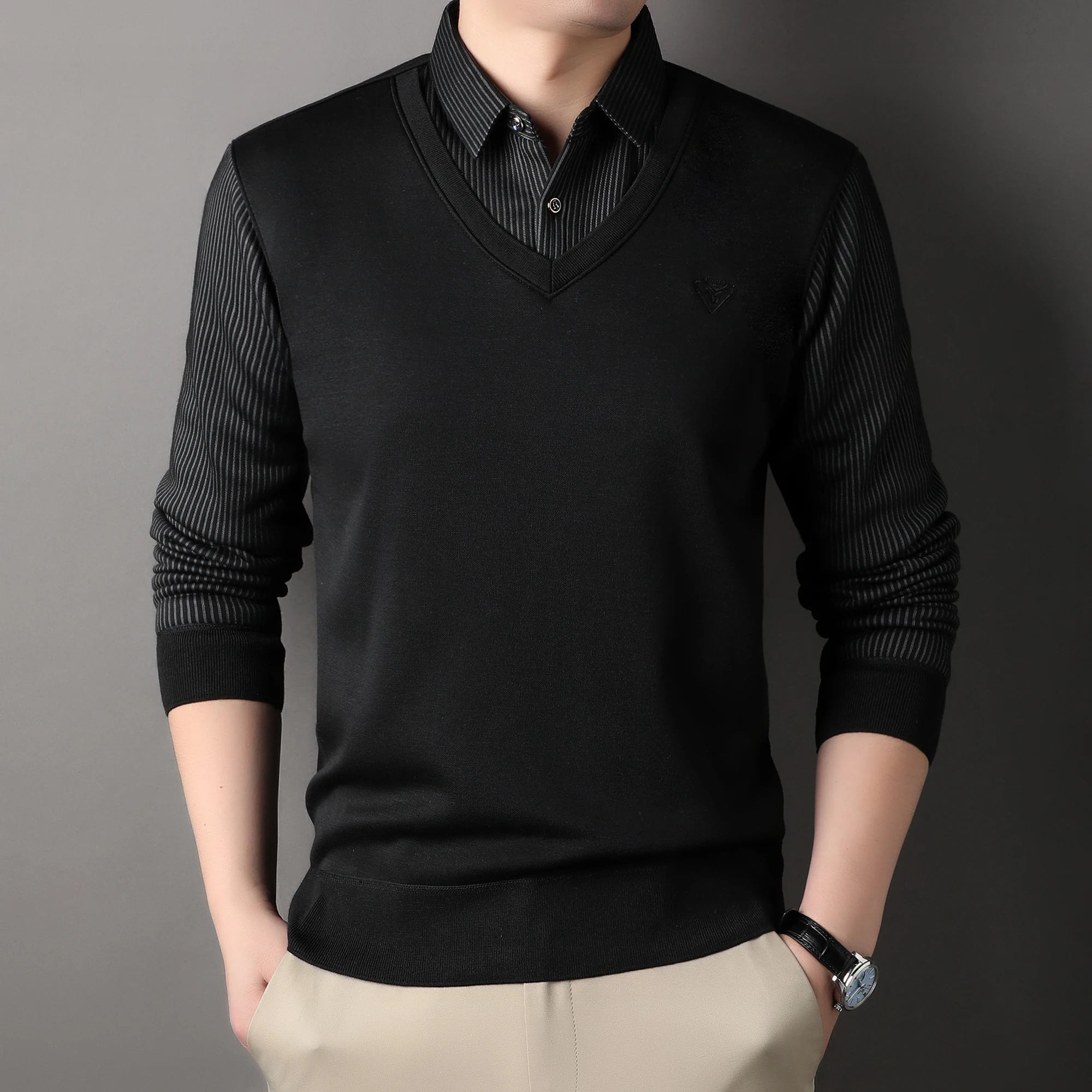 Männlich Herbst Stricken Pullover Polo Shirts Hemd Kragen Pullover Pullover herren Business Casual Mode Streifen Top Kleidung