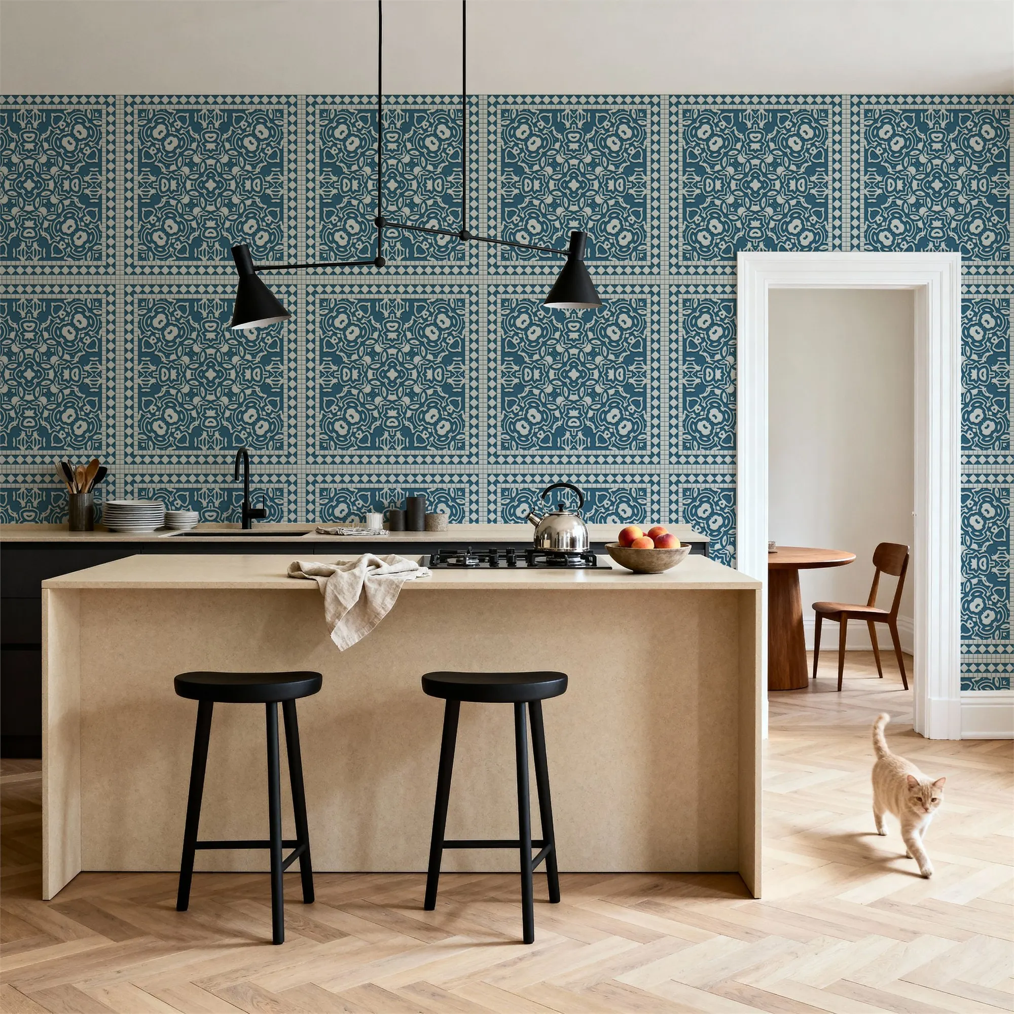 Mission Cement Tiles Steel Blue Made to Measure Mural Wallpaper for Bedroom