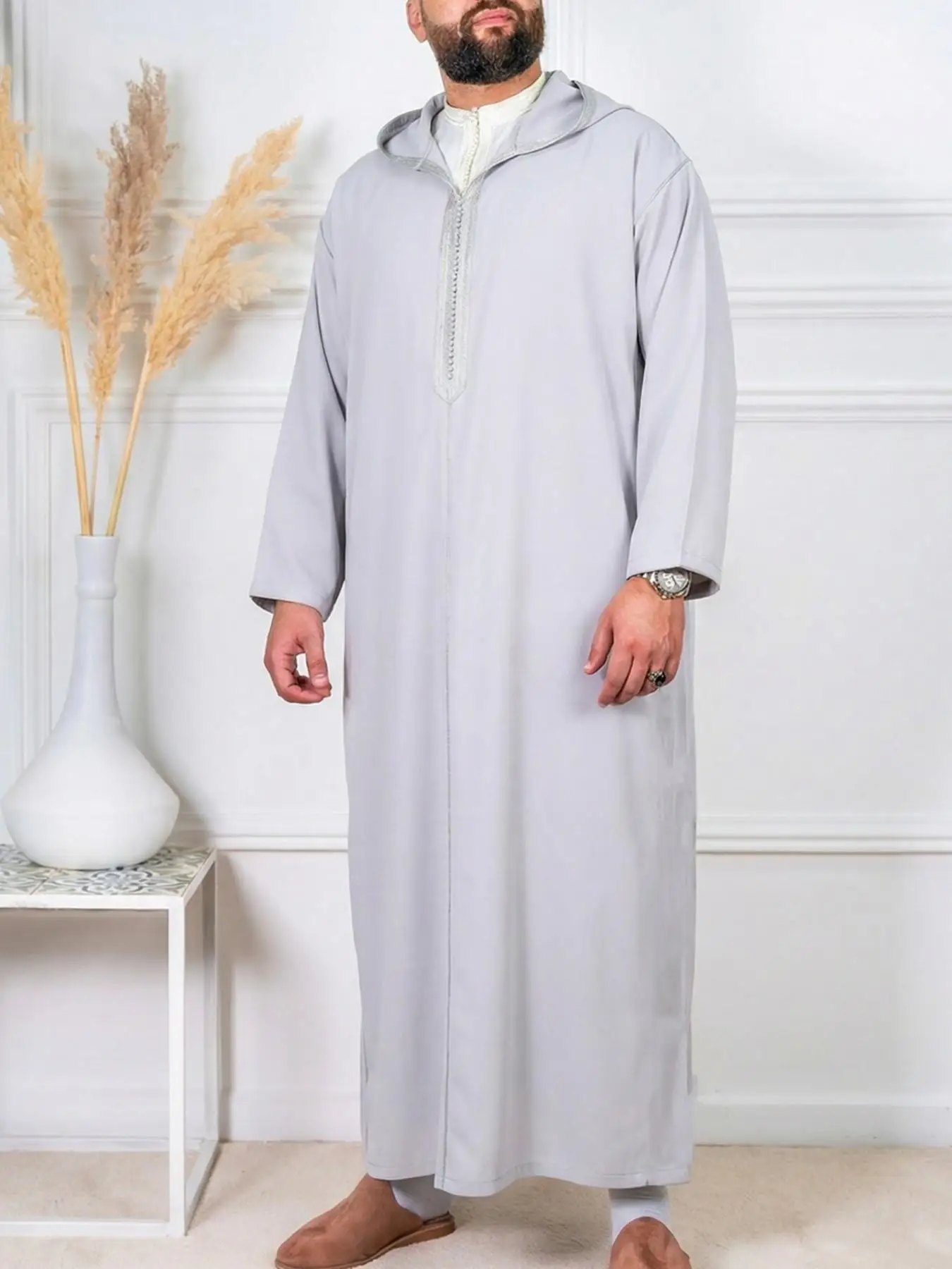 Muslim Grey Men's Long Sleeve Hooded Loose Robe Middle East Arab Ethnic Style Prayer Clothes Casual Loose Long Gown