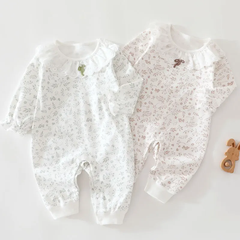 Newborn Baby Floral Lace Jumpsuit Long Sleeve Puff Cuff Onesie Cute Bow Princess Infant Girls Cotton Seamless Romper
