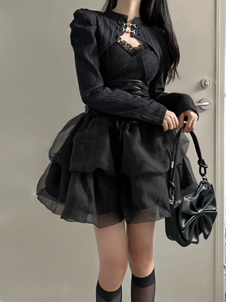 Y2k Japan Style Dark Lolita 3 Piece Skirt Set Women 2000s Harajuku Vintage Gothic Suits Autumn Bow Long Sleeve Matching Set Chic