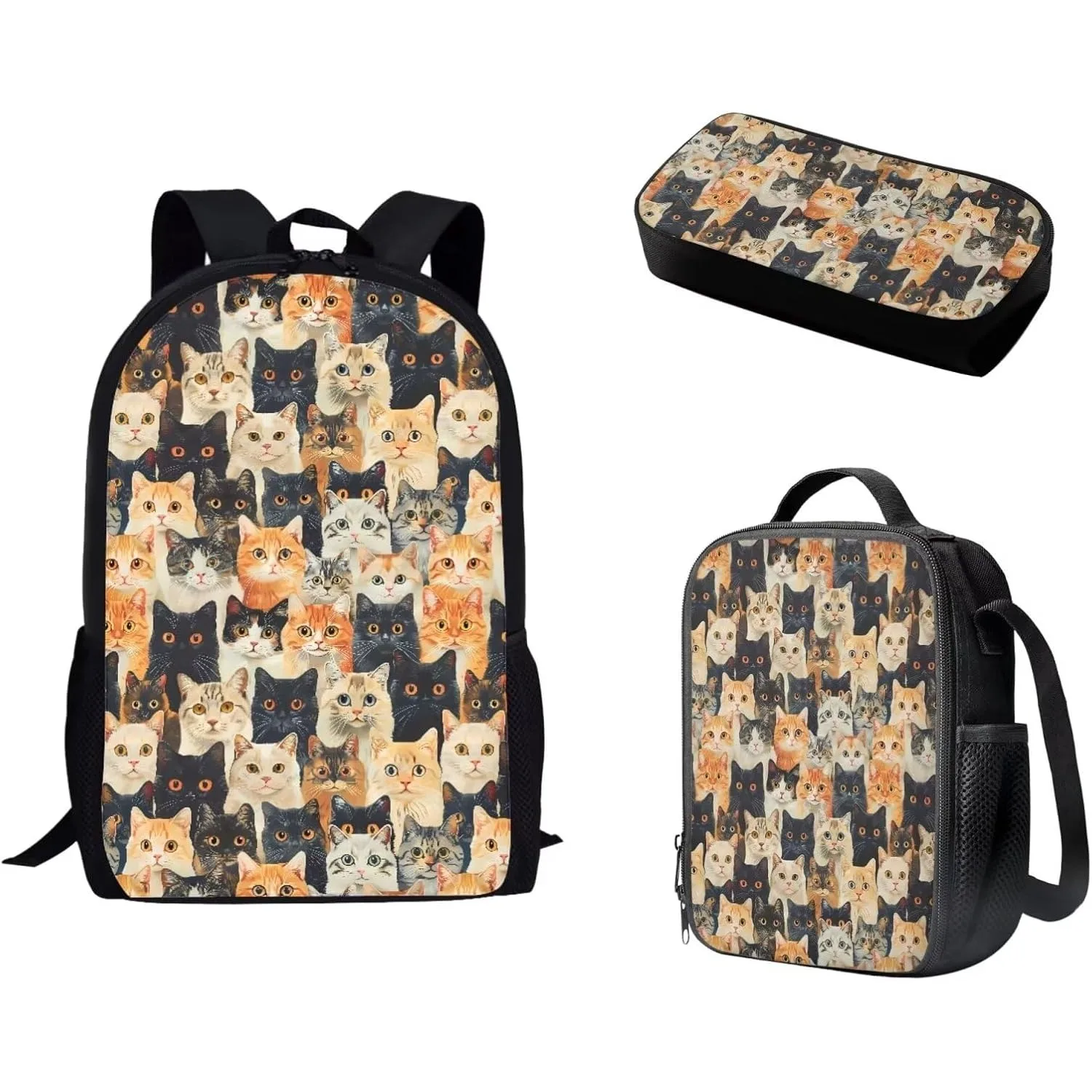 

Школьный рюкзак с принтом кошек и ланч-боксом, пенал, студенческая милая сумка для книг для девочек и мальчиков, школьная сумка с котами-подростками, набор