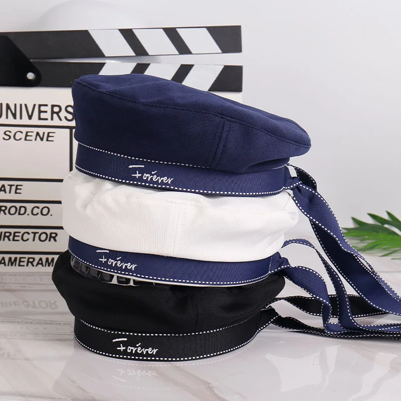 Women Navy Feng Shui Hand Hat Uniform Bowknot Hat Drifting Crew Stage Performance cosplay Hat  Letter Embroidery JK Beret Cap