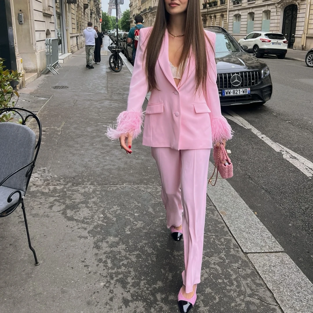 

Women Suit 2 Pieces Pink Single Button Feather Cuff For Wedding Shopping Business Work Office Daily Commute Blazer And Pants