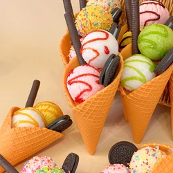 Simulated Waffle Ice Cream Ball Model,Fake Double Ball Ice Cream Dessert Shop Window Display,Strawberry Vanilla Party Photogra