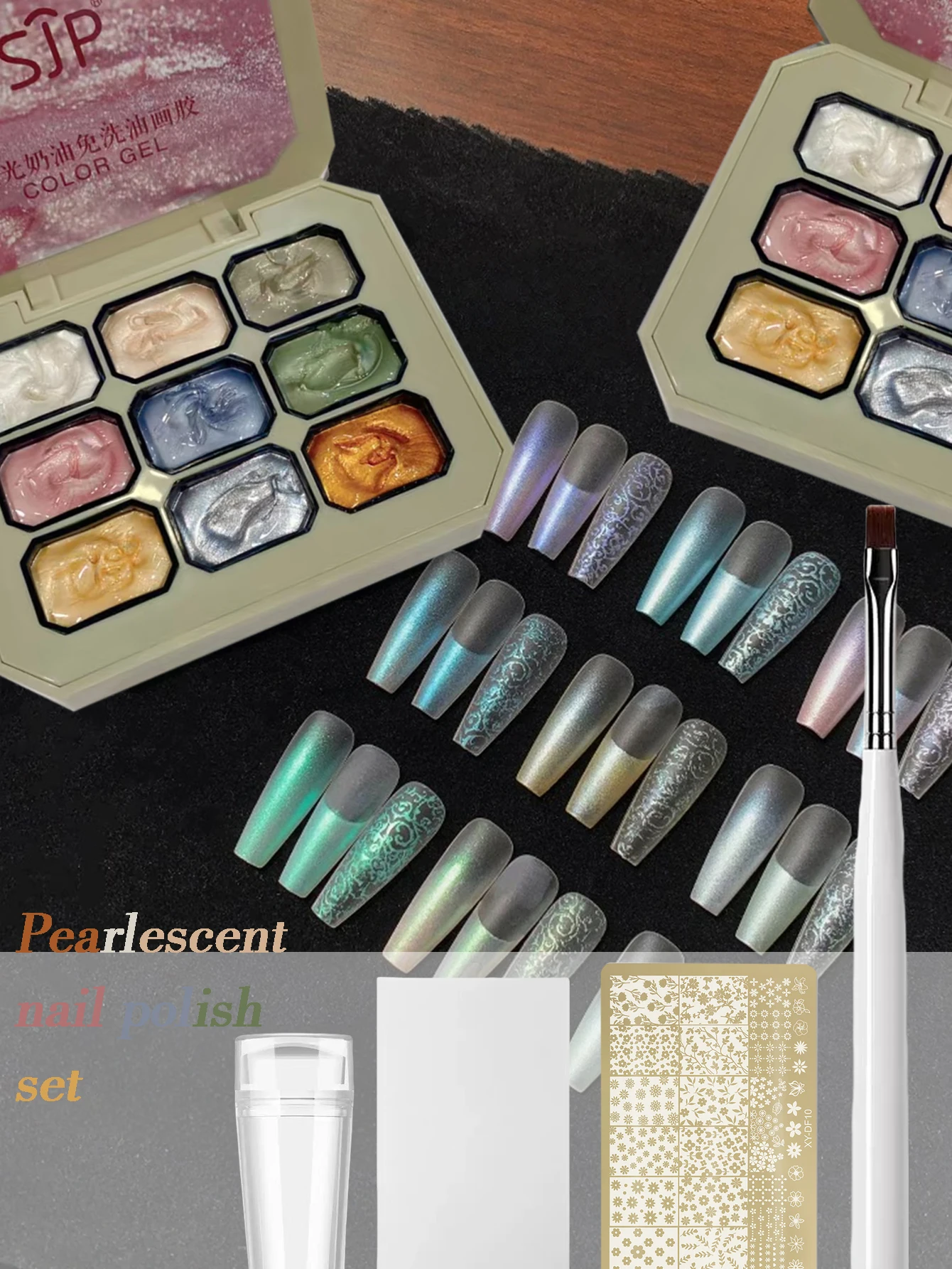 

5-piece manicure set 9 colors pearlescent metal solid nail polish UV gel and nail brush, nail stamp tool, nail scraper, nail pri