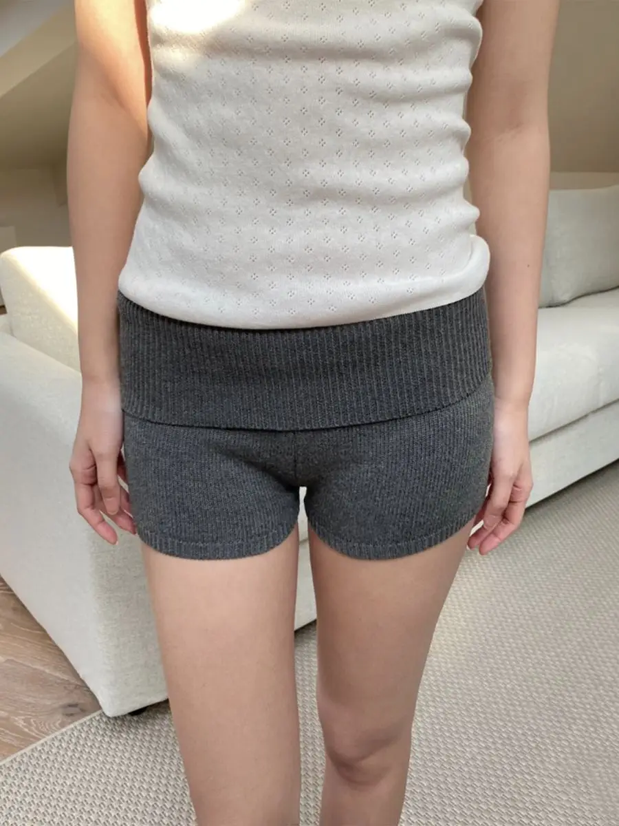 Solid Retro Flanging Knit Shorts Woman Spring Cotton Elastic Waist Straight Short Pants Sweet Home Underwear New Y2k Sweatshorts