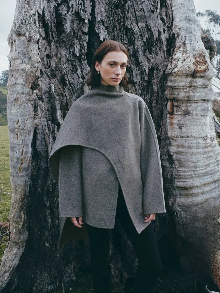 

Пальто из двустороннего твида серии Edition Traceable Wool с воротником-шарфом, женская куртка в ретро-стиле, с длинными рукавами, стандартной толщины
