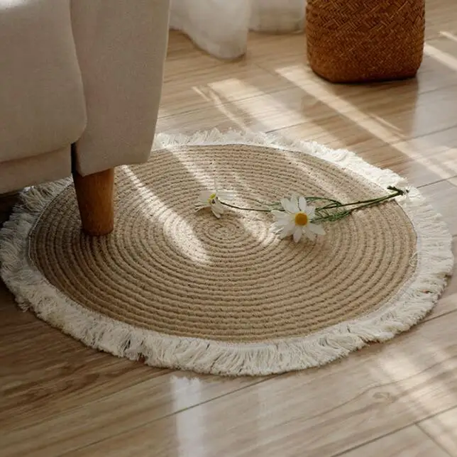 

Japanese Style Round Carpets Natural Jute Mats Handmade Rattan Grass With Tassel Rugs Sofa Tea Table Mat Living Room Home Decor