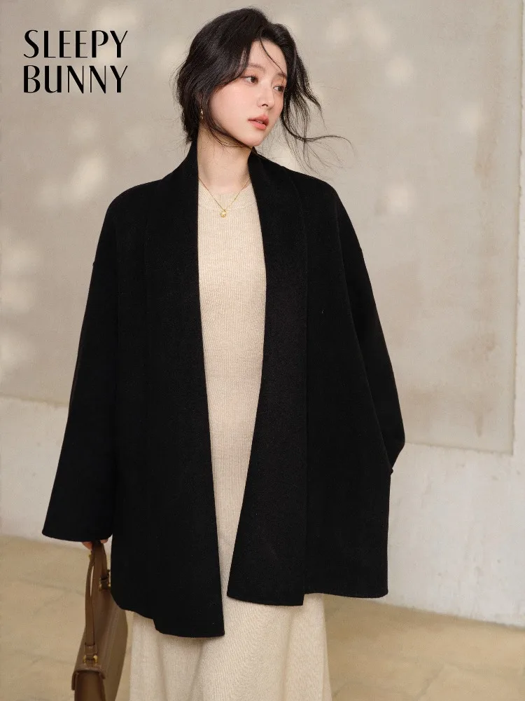 

Wool Short Coat for Women Elegant Black Wool Jacket Lady Warm Soft Minimalist Winter Outerwear for Casual Sweet Stylish Looks