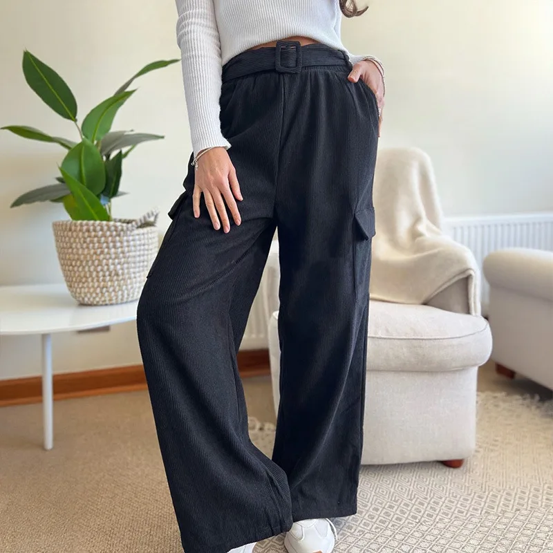 

2025 New Style Autumn and Winter Casual Minimalist Loose Solid Color Corduroy Wide Leg Pants for Women