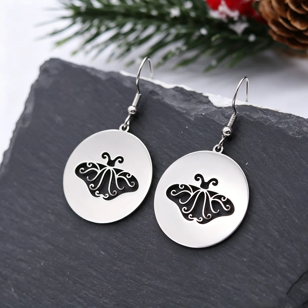 Kinitial Stainless Steel Round Death Moth Drop Hook Earrings Luna Moth Dangle Earrings Gothic Witchy Insect Jewelry For Women