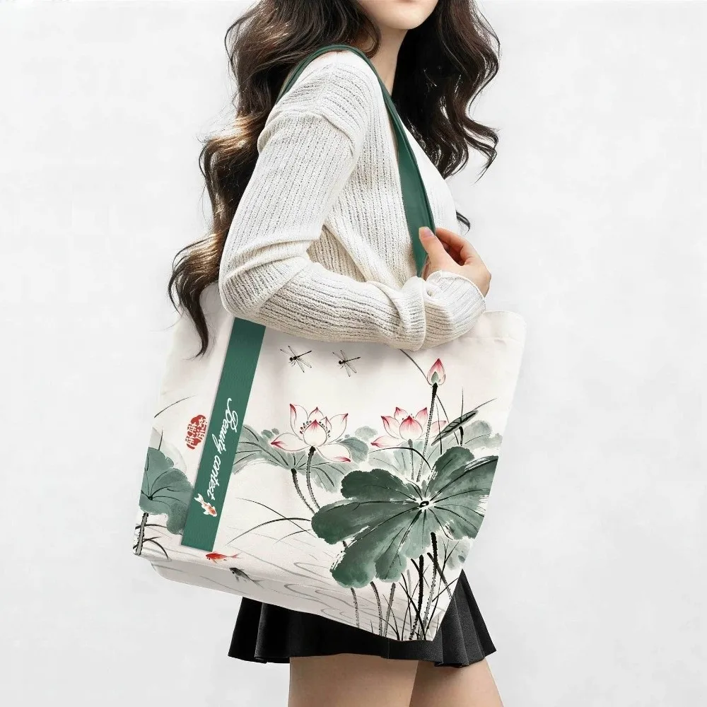Durable Chinese Ink Wash Print Canvas Bag Reusable Lightweight Shoulder Bag Large Capacity Tote Bag Daily