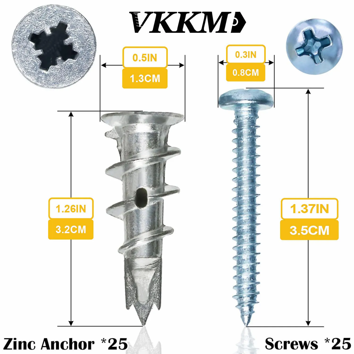 Zinc Self-Drilling Drywall Anchors with Screws Kit, 25Pcs Heavy Duty Metal Wall Anchors and 25Pcs#8 x 1-1/4'' Screws