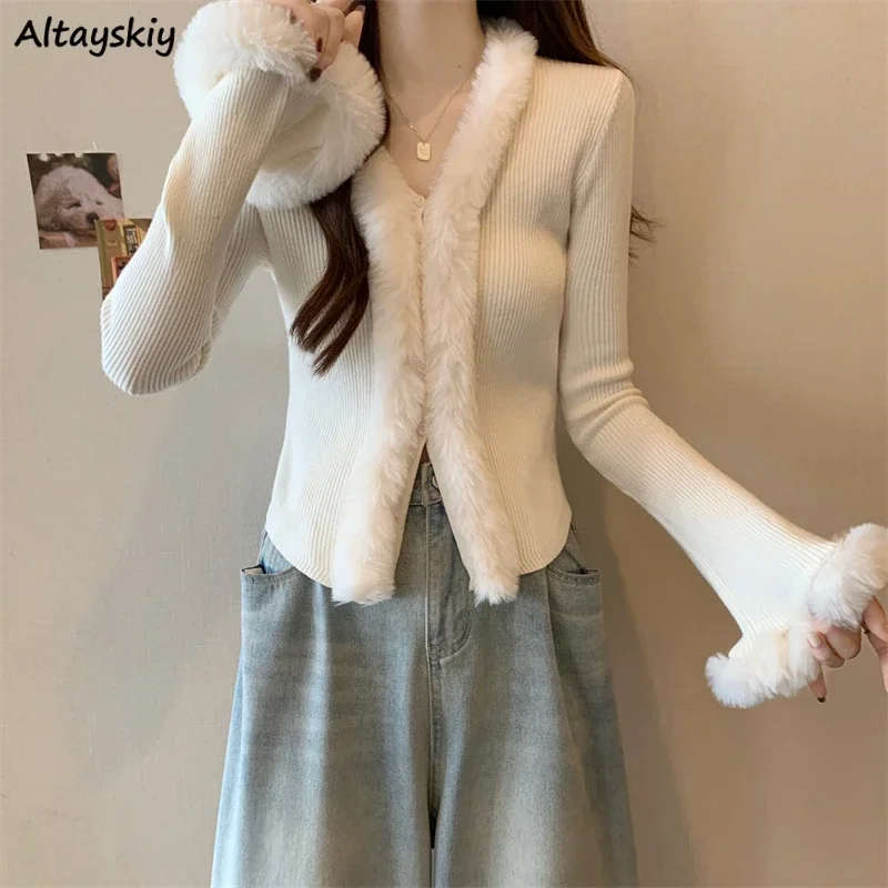 

Cardigan Women Furry Patchwork Casual Sexy Slim Fit V-neck All-match Flare Sleeve Knitwear Popular Daily Female Clothing Autumn
