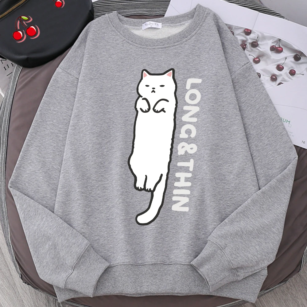 Fun Slender White Cat Cute Print Cartoons Hoodie Men Women Fashion Prints Sweatshirt Crewneck Loose Sportswears Autumn Hoody