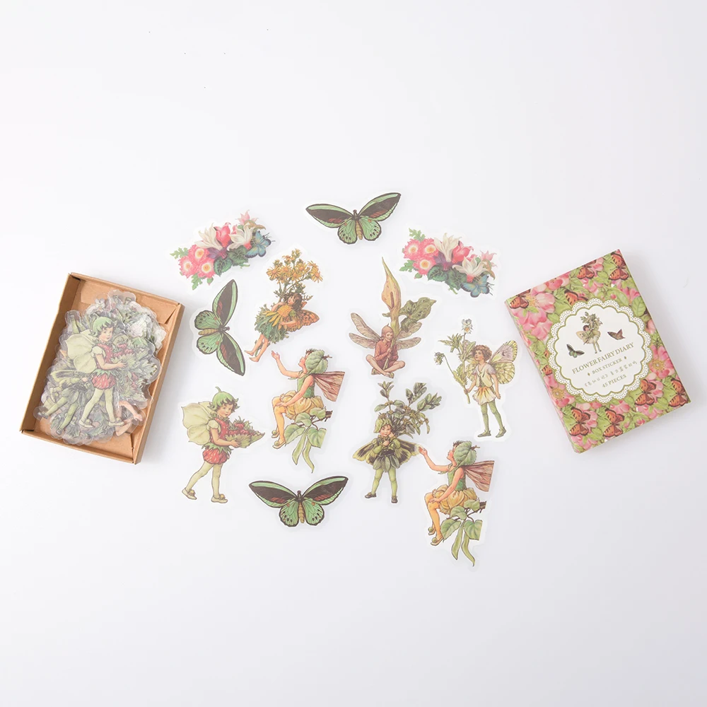 45Pcs/Box Waterproof PET Fairy Butterfly Stickers Vintage Flower for Scrapbooking  Kawaii Decals