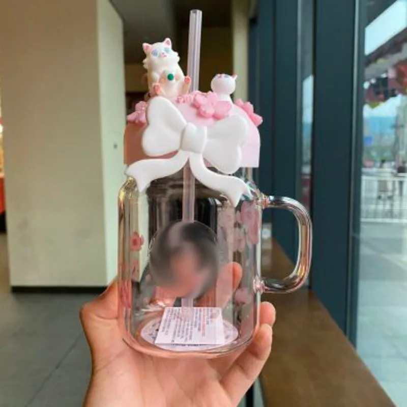 Cherry Pink Mason Glass Girl Straw Cup Bowknot Cat Petal Cute Fox Girl Water Straw Cup Mug Double Wall Glass