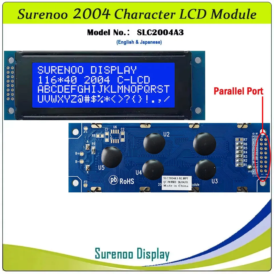 Surenoo 116*40MM 2*8Pin 204 20X4 2004 6800 IIC I2C Caratteri Modulo LCD Display Schermo LCM Bianco Retroilluminazione A LED Inglese Giapponese