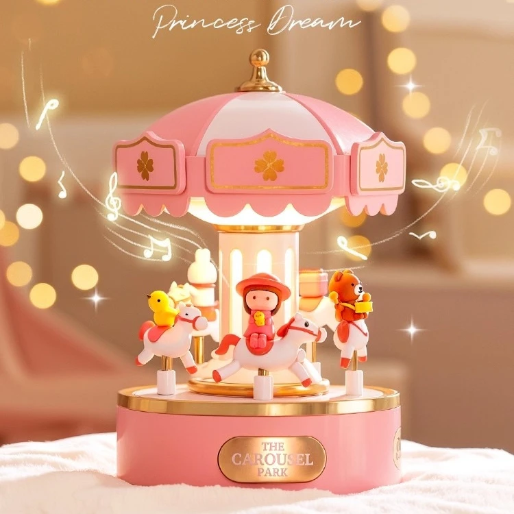 Carousel Music Box Night Light, Rotating with Cute Figures & 6 Songs, Soft Warm Glow, Rechargeable, Dreamy Home Decor for Gift
