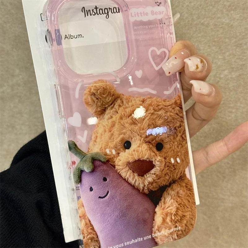 Large hole through eggplant Little Bear phone case suitable for iPhone 11 12 13 14 15 16 pro max