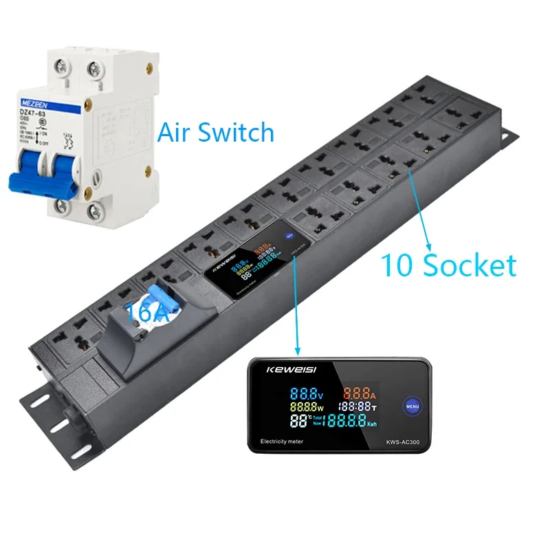 PDU power strip 19inch cabinet mount ammeter/voltmeter/power tester 15 way expansion socket 16A air switch 2M extension cable