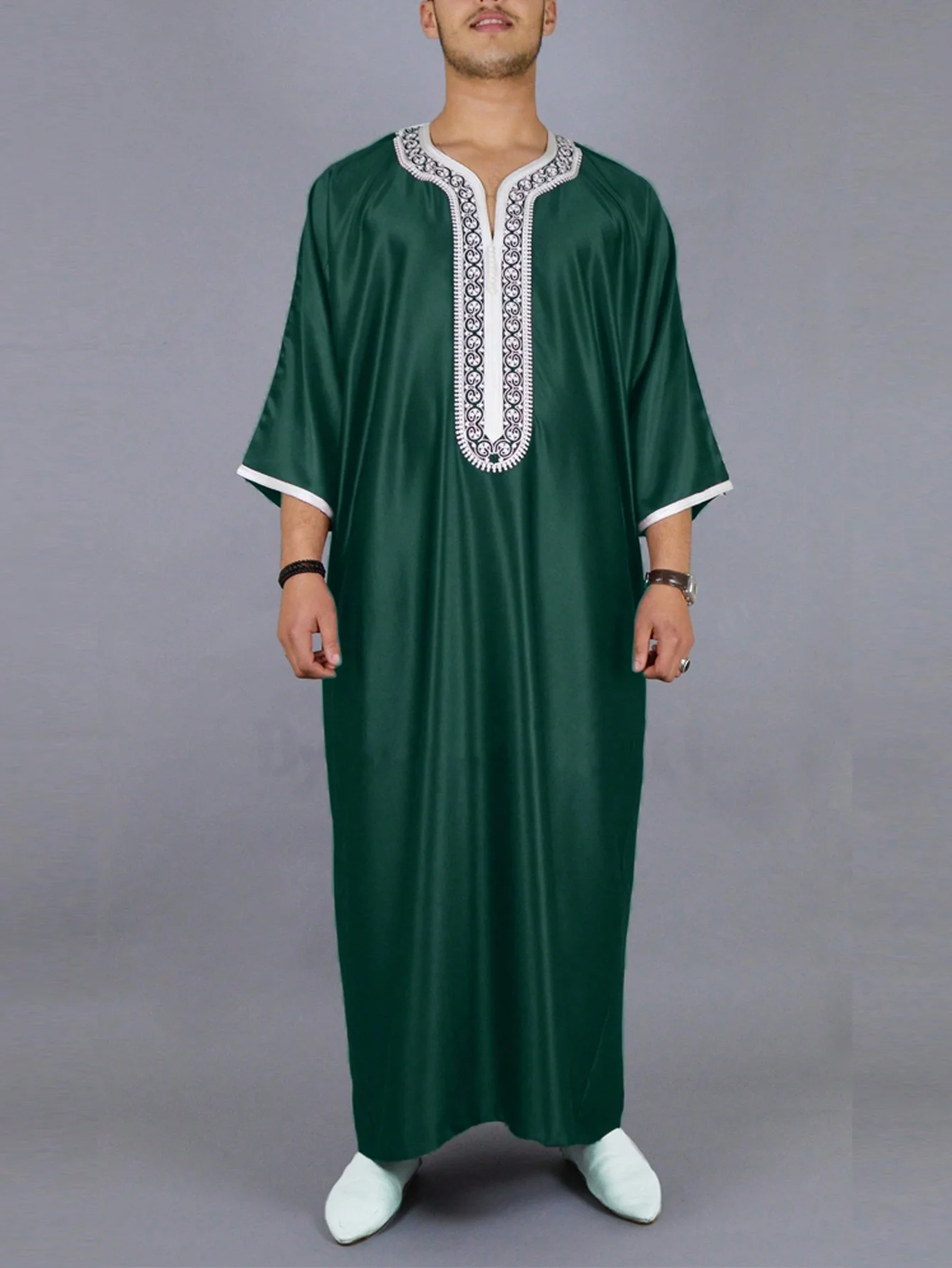 New Muslim embroidered Moroccan Green Arab robe Traditional casual robes for Islamic Muslim men