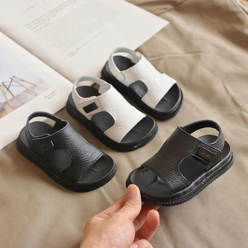 Boys Sandals Summer Children Soft Sole Non-slip Beach Shoe Black PU Leather Flat Sandals Fashion Comfortable Platform Kids Shoes