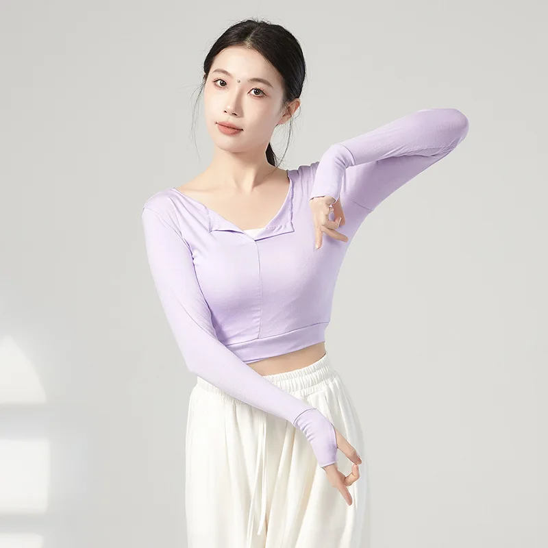 

Современный танец с длинными рукавами, чехол в форме пальца, топ с римами тела, одежда для классических танцев, женские тренировочные танцевальные штаны