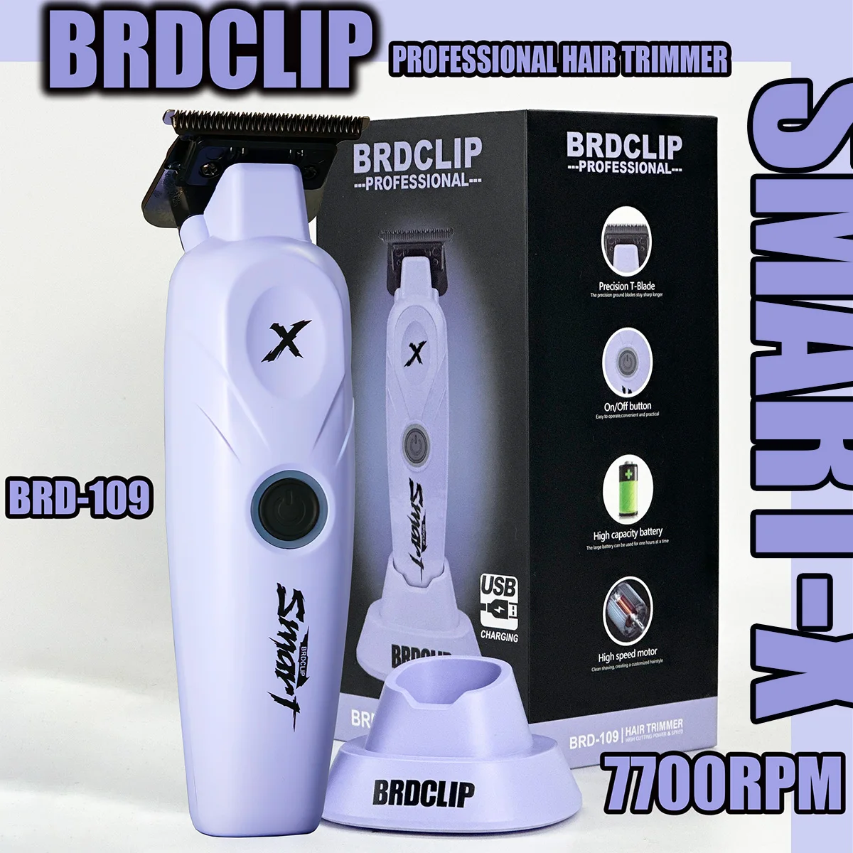 

BRDCLIP Purple Professional Barber Hair Trimmer 7700RPM Beard Trimming Machine DLC Balde Electric Clipper Base Charger Salon Use