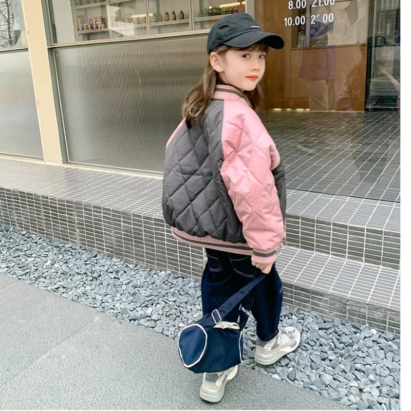 Girls\' Baseball Jacket Spring Autumn 2023 New Bomber Suit Children\'s Clothes Thickened Cotton Korean Contrast Color Casual Coat