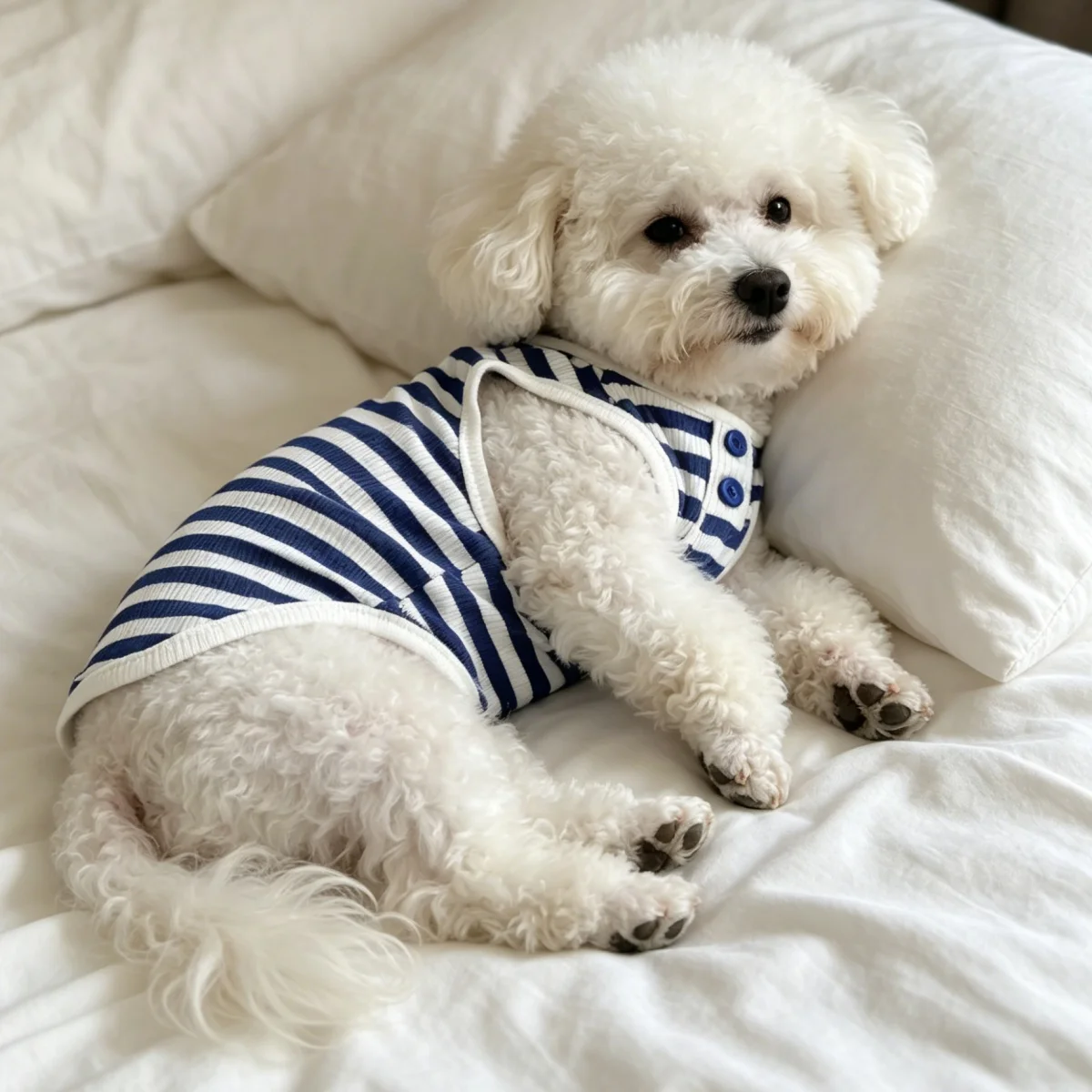 Gestreiftes Waffelstrick-Hundetop - Ärmellose Haustierweste mit Knopfdetail für Kleine Rassen – Detail 6