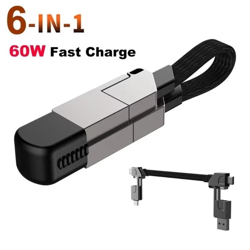 6 In 1 Multi Fast Charging Cable Keychain Pd For Apple Iphone Lightning Andriod Type-C 60W Qc 18W Fast Charging Data Cable
