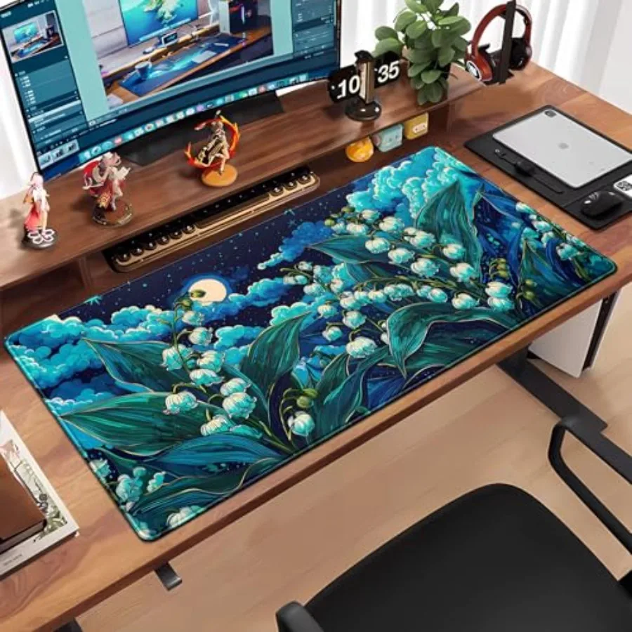 Desk Mat Large Mouse Pad 31.5''X15.7'' Lofi Aesthetic Desk Pad Lily of The Valley Extended Gaming Mousepad XXL Keyboard Mouse M