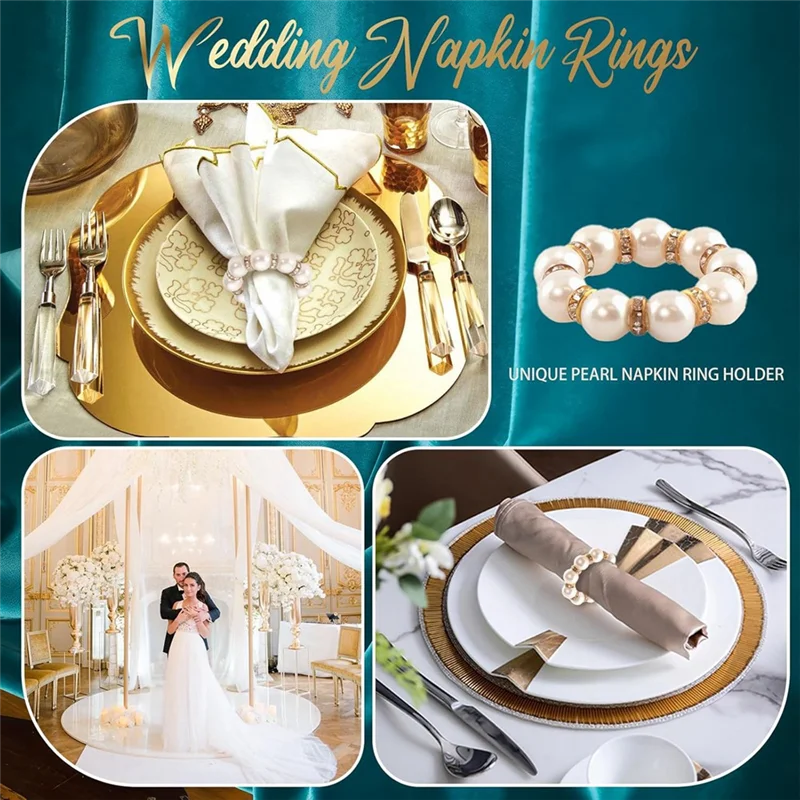 

B62B-100Pcs Pearl Napkin Rings Imitation Pearl Beaded Rhinestone Napkin Ring Holder Napkin Rings Serviette Napkin Rings