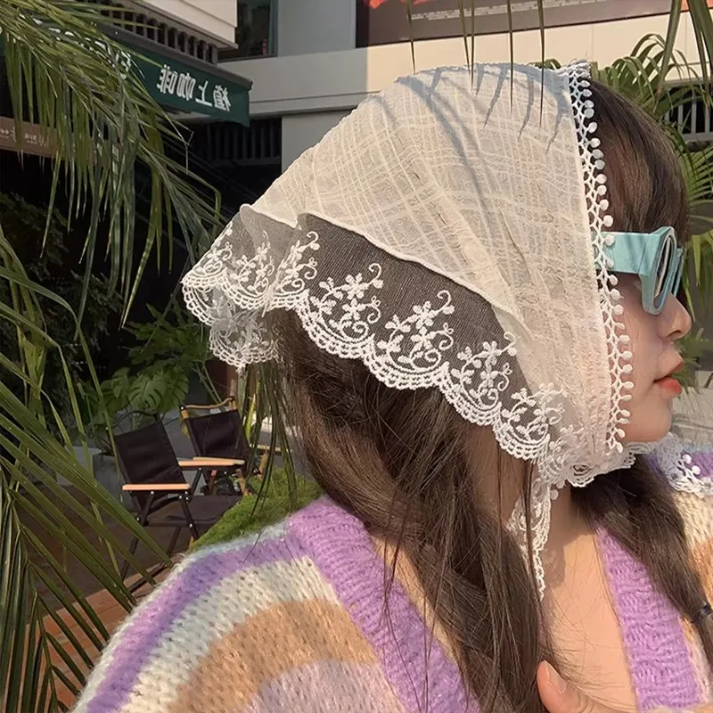

French Ribbon Lace Triangle Headband Women Flower Vintage Sunscreen Rustic Decorative Headband Girls Headwear