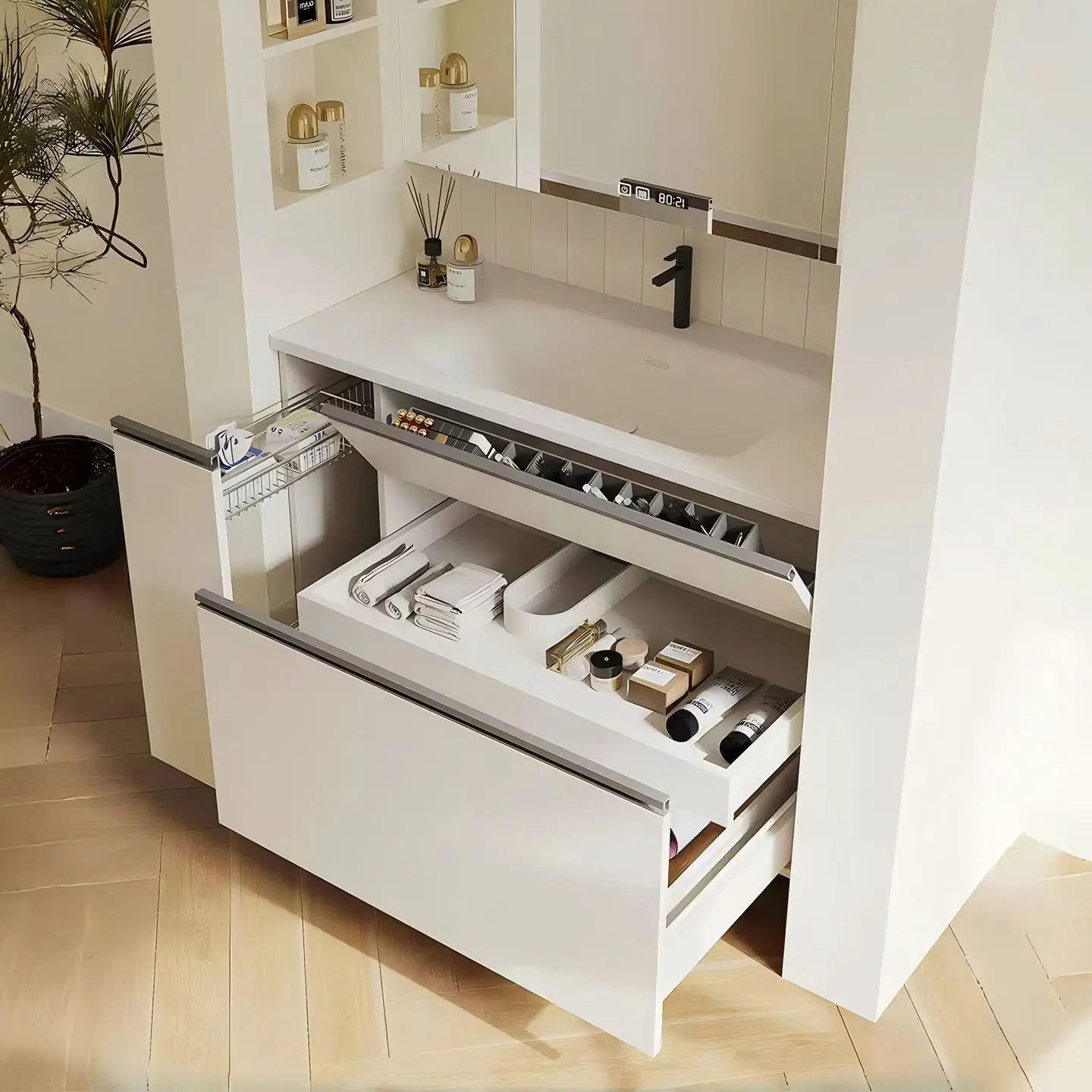 Japanese-style storage, bathroom cabinet, toilet side pull basket, washbasin, cabinet, mother pumping ceramic integrated basin
