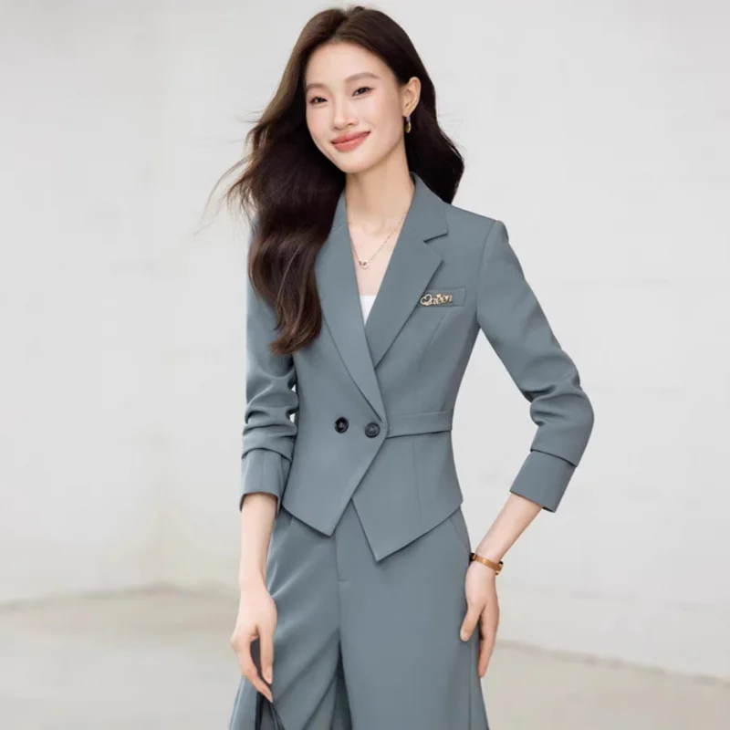 

2026New autumn and winter gray short slim-fit long-sleeve blazer with small suit collar and women's pants two-piece set for comm