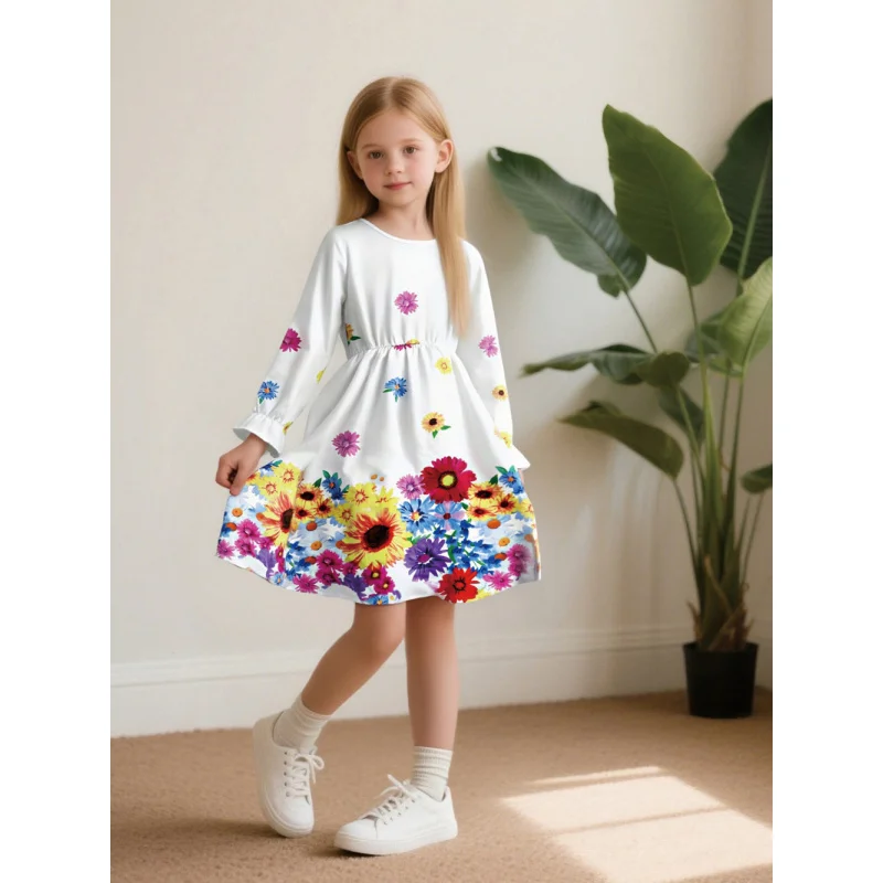 

2025 Girls' Long Sleeve Colorful Floral Print Dress - Bohemian Elegant Medium Dress, Perfect for Parties and Everyday Wear