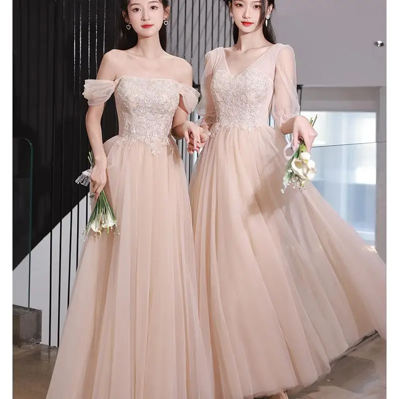 

Elegant One-Shoulder Maidsmaid Dress Slimming Small Size Wedding Party Group High Waist A-Line Skirt Midi Dress for Indoor Hotel