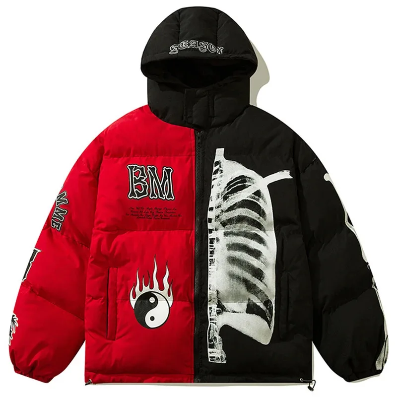 سترات شتوية للرجال من Streetwear Harajuku Hip Hop سترات شتوية مبطنة برسومات هيكل عظمي سترات سميكة ودافئة كبيرة الحجم