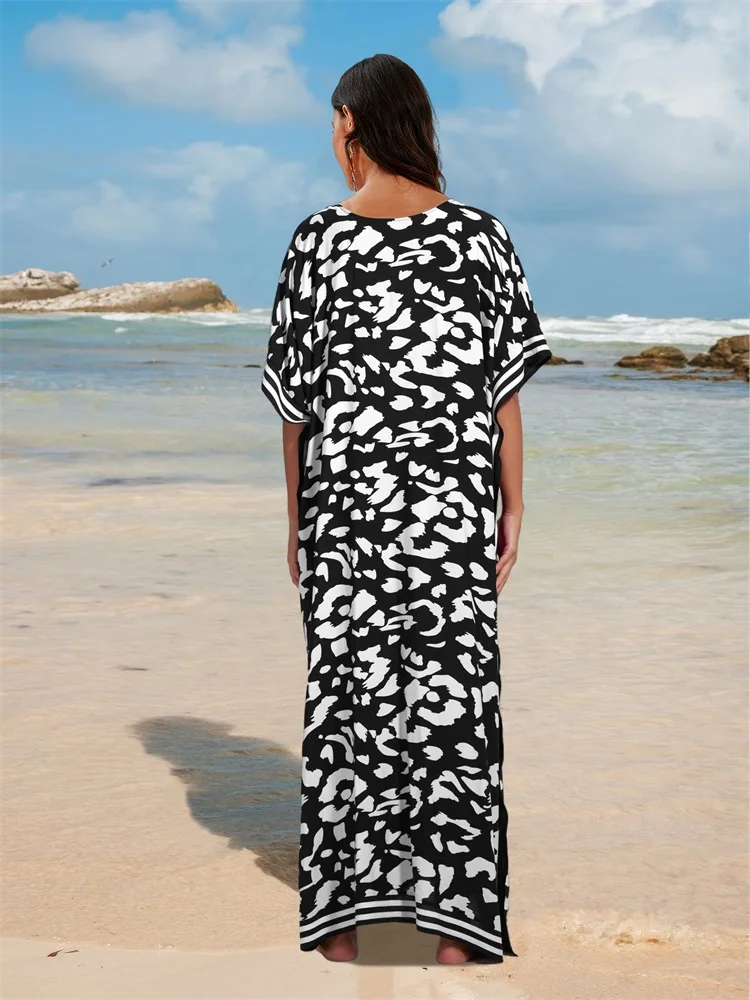 EDOLYNSA Plus Size Boho Black White Leopard Print Kaftan Beach Cover Ups For Women 2024 Summer Loose Caftan House Dress Q1609